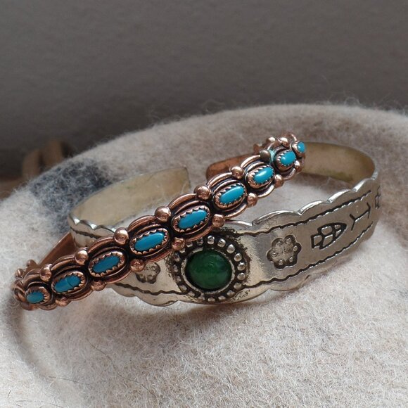 Set of 2 CUFF Bracelets Copper w/ Faux Turquoise & Silver Color Faux Turquoise - Picture 2 of 5